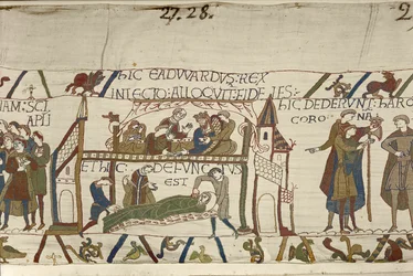 Edward gyóntató király a halálos ágyán, Bayeux gobelin (gyapjú hímzés vászonon)