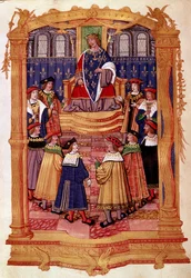 XI. Lajos király (1423-1483) és a Szent Mihály Lovagrend Miniatűrje a „Szent Mihály Lovagrend” kéziratból” 15. századi Milánó, Biblioteca Trivulziana