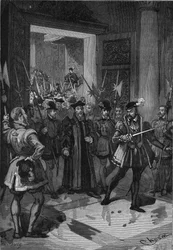 II. Henrik francia király (1519-1559), középen, és megparancsolta konnetablejának, hogy foglalja le a tanácsadókat. századi metszet. Jules Michelet „Histoire de France” című művében