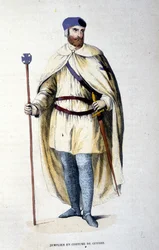 A Templomosok Rendjének lovagja háborús jelmezben. századi metszet.
