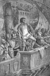 Nagy Knut (Canut I) (994 vagy 995-1035) - Nagy Cnut emberei a londoni hídon, II. norvég Olaf (II. Olaf Norvég) támadása alatt - Richard „Kaiser, Konig une Papst” metszet Roth