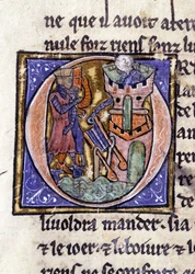 Lancelot egy torony tetején. Kézirat: Szent Gréal meghódítása, 717 évvel urunk szenvedélye után. Bibliotheque Municipale de Rennes, ms. 255 (A Kerekasztal regénygyűjteménye); Párizs