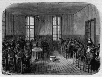 A Sainte Anne (Sainte-Anne) menedékház Párizsban: a refektórium - Metszet a „Le Journal Illustrée”-ben