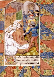 Szent Thomas Becket (1118-1170) angol prelátus és politikus meggyilkolása. 14. századi miniatúra. Victoria and Albert Library, London.
