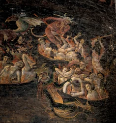 Utolsó ítélet: az átkozottak a démoni lények által megkínzott alvilágba. 1474-1484 freskó részlete. Cathedral Sainte Cecile Albiban.