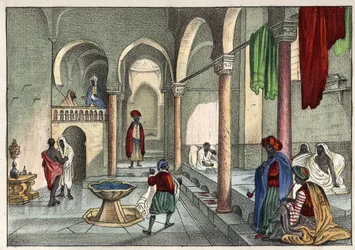 A mór fürdő (nyilvános fürdő) Algírban 1830 körül. Léon Galibert „A régi és modern Algéria” című művében. 1846-os olasz kiadás, színes