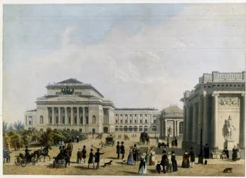 Az Alexandrinski Színház (vagy Alexandra) Szentpéterváron (Szentpétervári Sándor Színház). Névtelen mű, színes litográfia, 1830 körül. 19. századi klasszicizmus. Állami Színház- és Zeneművészeti Múzeum, Szentpétervár.