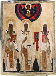 A három szent rosztovi püspök: Izajás (meghalt 1090-ben), Leontyij (meghalt 1077-ben), Ignatyij (meghalt 1288-ban) - Orosz ikon: A három szent rosztovi püspök: Izajás, Leontyij és Ignatyij. 15. század vége, Rosztovi Kreml Állami Szabadtéri Múzeum