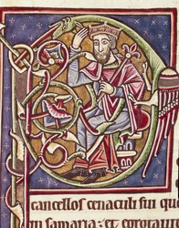 Lettrine P decoree Moab földjének királyának ábrázolásáról Miniatűr Bibliából (Ms 3088) 12. századi Coimbra, az egyetem bibliotékája