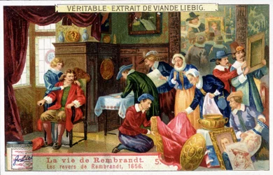 Liebig kromolitográfia Rembrandt (1606 - 1669) holland festő életéről. Ez Rembrandt kudarcai 1656-ban.
