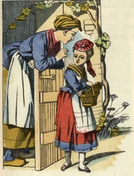 Piroska édesanyja utolsó ajánlásait adja, hogy menjen el a nagymama házába. Illusztráció Charles Perrault „A Piroska” című meséjéről