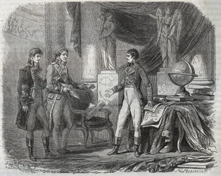 Lord Cornwallis (1738-1805) az amiensi békeszerződésről (1802) tárgyal Bonaparte Napóleonnal (1769-1821) – az amiensi békéről, Franciaország – 1802 márciusában aláírt szerződés, amely véget vetett a függetlenségi háborúknak