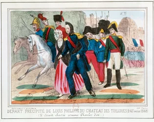 Philippe Lajos elhagyja a Tuileriák palotáját 1848-ban (színes metszet)