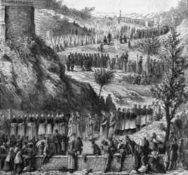 Lourdes 1864: felvonulás a barlanghoz Szeplőtelen Mária szobrának felavatására.