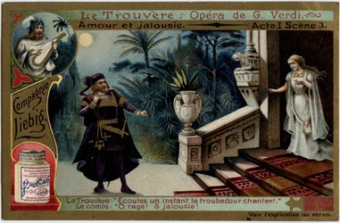Szerelem és féltékenység I. felvonás 3. jelenet Illusztráció Giuseppe Verdi (1813-1901) „A lelet” (Il trovatore) című operájához. Kromolitográfia (Chromo) Liebig a 19. század végéről.