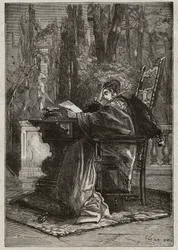 Lucrece Borgia (1480-1519) a Dying Handtől Leon X-nek (Leone 10) (1475-1521) - metszet Oscar Pio "Lucrezia Borgia" című művéből - 1883
