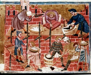 Kőművesek és házépítők. Miniatúra „A rómaiak tettei” című műből, 13. század. Velence, Biblioteca Marciana