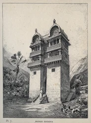 Maison Hindu (hindu ház) – Charles GARNIER úr 1889-es metszete „Az emberi tartózkodás története az 1889-es egyetemes kiállításon – Librairie centrale des beaux-arts Paris 1889” c.