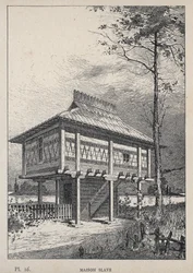 Maison Slave – 1889-es metszet az „Emberi lakhatás története az 1889-es egyetemes kiállításon, Charles GARNIER úr – Librairie centrale des beaux-arts Paris 1889 című könyvében