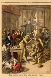 Egy élő „férfiak aranyban”” festmény szereplőinek sminkje a mézeskalácsvásárra. Metszet a „” Le petit journal”-ban” 1894.04.16. Selva gyűjteménye.