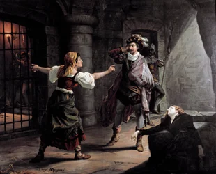 Manrico és Azucena az Aliaferia Palota őrében van bebörtönözve, Leonora megpróbálja megmenteni őket. Illusztráció a „” A lelet”-hez” (Il trovatore), Giuseppe Verdi (1813-1901). Litográfia 1880 körül. Magángyűjtemény