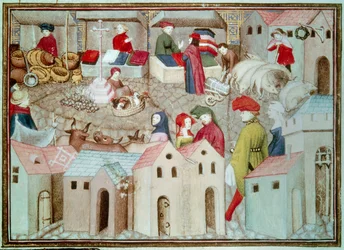 Marche de Champeaux Párizsban Betail és baromfi kereskedők, drapériák. Miniatűr Thomas de Saluces (Tommaso III di Saluzzo) „A vándorló lovag” című művéből, 1403-1404 körül. Paris, B.N.