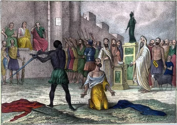 Szent Cyprianus (Cipriano) (Cyprianus) vértanúhalála 258-ban, Karthágó első püspöke, akit halálra ítéltek. Léon Galibert „L