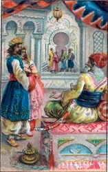 Maruf a király előtt: Tale of Maruf (Maruf) a megmentő „” Az ezeregy éjszaka” (1001 éjszaka vagy Le mille e una notte, Arabiai éjszakák), A 19. század végének kromolitográfiája.