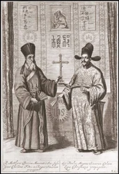 Matteo Ricci (balra) és Paul Ly (jobbra) kínai jelmezben – Pierre de Goyer és Jacob de Keyser „Az Egyesült Tartományok Keleti Társaságának a kínai császárhoz intézett nagykövetsége, avagy a Tataria Grand Cam” című filmjében. Kiadás Leidenben 1665-ben.