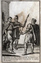 Maximianus Hercules (Marcus Aurelius Valerius Maximianus) (kb. 250-310), római császár, félelem fog el Konstantin (I. Konstantin, Flauius Valerius Aurelius Constantinus, 272-306), veje, akit ő látta el. azt hiszi, hogy beleszúrt az ágyába i