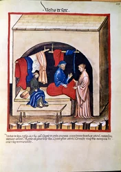Gyógyszerkereskedelem: „” selyemruha-kereskedő”” Oldal átvétele a „” Tacuinum sanitatis”-ból” (Cod. ser. nov. 2644) 1400 körül Bécs, Osztrák Nemzeti Könyvtár