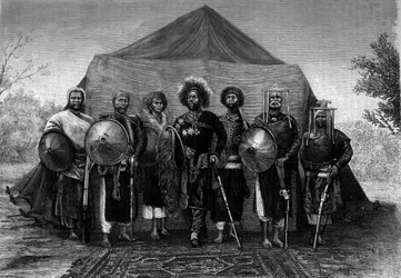 II. Menelik (1844-1913), Etiópia királya, hadvezéreivel veszi körül magát. Metszet a „Le Journal de la jeunesse“ című lapban