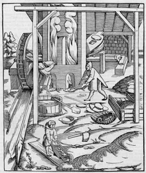 Hidraulikus motorral működtetett fém kemencefúvó. Sebastien Munster „” Cosmographie”-ban (1555) megjelent metszet fac simile (Fac-simile). Metszet a „természetbe”: áttekintés a tudományokról és alkalmazásukról a művészetben és az iparban” 10