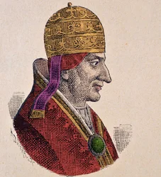 Középkor: III. Sándor pápa (Alessandro) (1105-1181) ábrázolása. Metszet a „” La storia dei papi del card-ról. Hergenrother” 1898