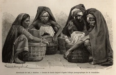 Tejkereskedők Madras (a mai Chennai, Tamil Nadu) utcáin. Alfred Grandidier 1862-1864-es metszete India meridionális tartományaiban való utazás szemléltetésére, megjelent a „le tour du monde”-ban, D