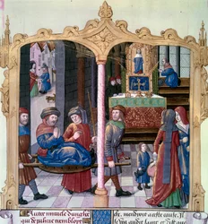 Szent Lajos csodái: IX. Lajos király (1214-1270) egy bénával harcolt. Miniatűr kéziratból „A tények könyve Monsignor Saint Louis” 15. század. Paris, B.N