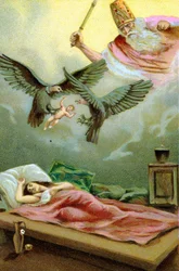 Zarathustra (Zarathustra, Zarathushtra, Zarathustra vagy zoroasztriánus), iráni próféta és vallási reformátor (Kr. e. 6. század) csodálatos születése. századi kromolitográfia.