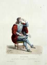 Moliere jelmeze Arnolphe szerepében a „Nők iskolája” című darabban 1670-ben. Hippolyte Lecomte (1781-1857) francia vígjáték jelmeze. századi metszet. Coll. Gyerünk.