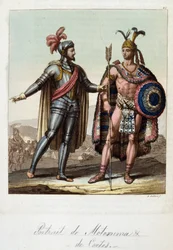 II. Montezuma, azték király és Hernan (vagy Hernando) Cortes vagy Fernand Cortez (1485-1547), spanyol hódító – Ferrario „” A régi és modern kosztüm”-ben, szerk. Milánó