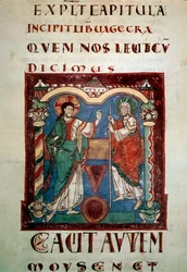 Hónap Isten előtt. Megvilágított oldal Saint Martial de Limoges tropárjából. Debütált a 11. századi Párizsban, B.N.