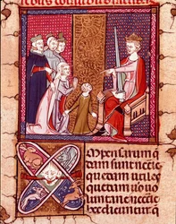 Anya és gyermeke megjelenik egy király előtt, a Justice képviselője Miniatűr a „Justiniani in Fortiatum”-ból” 14. századi Escorial kolostor királyi könyvtára (Escorial), Spanyolország