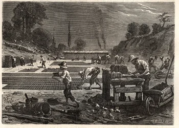 Moulage des bricques - Tégla öntése - Louis Figuier gravírozása "Les Merveilles de l