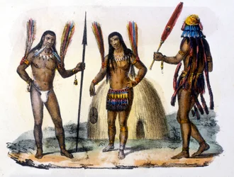 Mundrucu és Jivaros indiánok Ecuadorban. Metszet 1846-48.