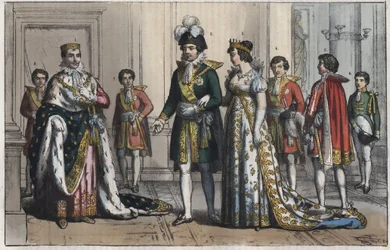 Napóleon Bonaparte (1769-1821), mint Olaszország királya - Alkirály (alkirály) - Alkirály felesége - Butler - Lord Chamberlain - Oldalfiú - Equerry - Ceremóniamester - metszet a "" A Világegyetem összes népének szokásai és szokásai. Vagy a kormány történet