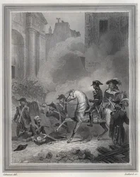 Napóleon leverte a királypárti lázadást – Bonaparte Napóleon (lóháton) forradalmi csapatokat irányít az utcai harcokban Vendemiaire 13-án (október 5.) – 1795. Vendemiaire 13-án (1795. október 5-i királypárti felkelés): Bonaparte visszaadta a rendet shoo-va