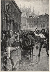 Napóleon lemondása milánói zavargásokra ösztönöz, Giuseppe Prinát, a népszerűtlen pénzügyminisztert pedig az utcákon hurcolják, és végül a milánói Piazza San Fedele-n megölte a tömeg április 20-án.