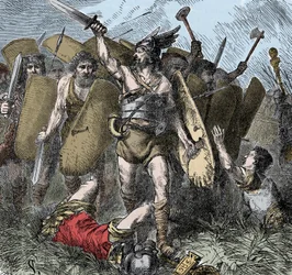 Narses legyőzi az osztrogótokat - A barbárok inváziói: Narses (478-573) I. Justinianus császár bizánci tábornoka, eunuch, győztes az osztrogótok ellen az olaszországi taginae-i csatában, 552-ben. Színező metszet a 19. századról