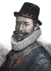 Sir John Hawkins haditengerészeti adminisztráció és parancsnok (1532-1595) – Sir John Hawkins (Hawkyns) (1532-1595), angol admirális, hajóépítő, navigátor és rabszolgakereskedő portréja. századi metszet.