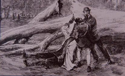 Ned Kellyt Kelly rendőrtiszt és Jesse Dowsett vasutas fogta el, 1880. június 28-án (metszet)