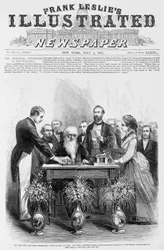 New York City – Morse-ünnep a Zeneakadémián, június 10. – Morse professzor aláírását manipulálja a Miss Sadie E. Cornwell által táviratozott üzenetre – Frank Leslie illusztrált újságjában, 1871.07.01.